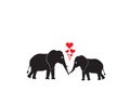 Two elephants in love, vector, Elephants silhouettes isolated in white background, hearts illustrations, wall decals Royalty Free Stock Photo