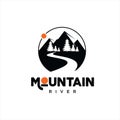 Simple modern circle mountain river with pine trees