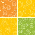 Set of fruits seamless patterns. Orange, lemon, banana and kiwi.