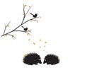 Two Hedgehogs silhouettes and branch with two birds in autumn season with autumn leaves, vector, minimalist poster design