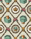 Seamless pattern with perfumes, skulls, roses and chains Royalty Free Stock Photo