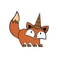 Cute hipster fox, cute fox wear party hat , Amusing cartoon character