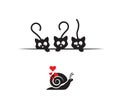 Cats behind table watching snail in love silhouette, funny illustration, vector, cartoon, children wall decals, kids wall artwork