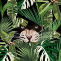 Graceful leopard and tropical leaves. Savana cat eyes. Elegant poster, t-shirt composition.
