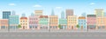 City life illustration with house facades, road and other urban details. Panoramic view.