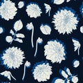 Dahlia. Seamless pattern of vintage line blue dahlia flowers.