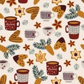 Winter seamless pattern with cups and ginger cookies - vector illustration, eps