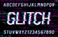 Glitch alphabet font. Pixel distorted letters and numbers.