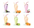 Set of glasses with milkshakes isolated on white background. Blackberry, Orange, Cherry, Peach, Kiwi and Apricot