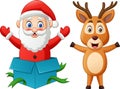 Funny cartoon santa claus and deer isolated on white background