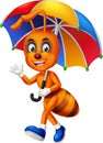 Funny Brown Ant With Umbrella Cartoon