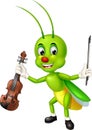 Cool Green Grasshopper With Brown Violin Cartoon