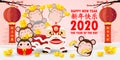 Happy Chinese new year 2020 of the rat zodiac poster design with rat, firecracker and lion dance. Little rat holding Chinese gold, Royalty Free Stock Photo