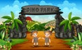 Zookeeper boy and girl on the dino park entrance