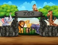 Zoo entrance outdoor view with different cartoon animals