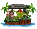 Scout boy and girl with dinosaurs in dino park Royalty Free Stock Photo
