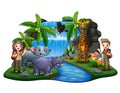The scouts with many animals on island scene Royalty Free Stock Photo