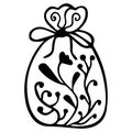 Black and white hand-drawn isolated aromatic bag with flowers and plants.