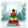 Christmas presents in snow. Winter holiday outdoor background.