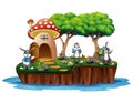 A mushroom house with many rabbits on island