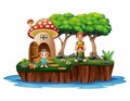 The family in front the mushroom house scene Royalty Free Stock Photo