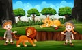 Zookeeper with lions on nature