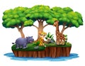 Cartoon tropical island with many animals
