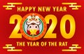 Happy Chinese new year 2020 greeting card. Little rat holding Chinese gold, paper art style, year of the rat zodiac Cartoon Royalty Free Stock Photo