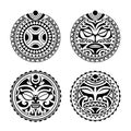 Set of round tattoo ornament with sun face maori style Royalty Free Stock Photo