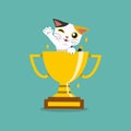 Vector cartoon character cute cat with gold trophy cup award Royalty Free Stock Photo