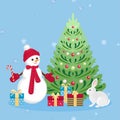 Christmas card. Cute snowman in red hat, scarf and mittens, Christmas tree, cute bunny, gift boxes on blue background Royalty Free Stock Photo