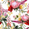 Many kinds of exotic tropical flowers. Bright seamless pattern.
