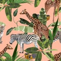Seamless pattern, background with adult zebra, leopard and giraffe and zebra. Realistic drawing, animalism.