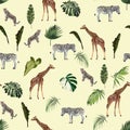 Seamless pattern, background with adult zebra, leopard and giraffe and zebra. Realistic drawing, animalism and tropical leaves.