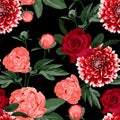 Floral Seamless Pattern with Coral Orange Peonies and roses. Spring Blooming Flowers Background for Fabric. Royalty Free Stock Photo