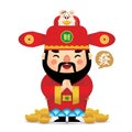 Cartoon chinese God of Wealth & white mouse holding gold ingot Royalty Free Stock Photo