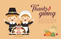 Thanksgiving day - cartoon pilgrim boy & girl with turkey bird Royalty Free Stock Photo