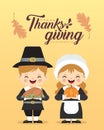 Thanksgiving day - cartoon pilgrim couple holding pumpkin & roasted turkey Royalty Free Stock Photo