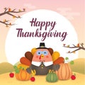 Thanksgiving day greeting card - cartoon pilgrim turkey with pumpkins & apples on autumn background. Royalty Free Stock Photo