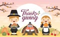 Thanksgiving day illustration - cartoon pilgrim boy & girl with turkey on autumn background Royalty Free Stock Photo