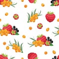 Seamless pattern with red berries of raspberries, orange sea buckthorn and black currant on a white background.