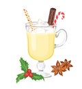 Eggnog in glass with christmas candy cane, straw and cinnamon stick isolated on white. Vector illustration of sweet winter drink Royalty Free Stock Photo