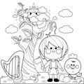 Jack and the magic beanstalk story book with castle, Jack the boy and magic chicken. Vector black and white coloring page.