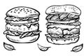 Hand drawn sketch Cheeseburger and Hamburger. Fast food ink doodle illustration.