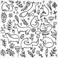 Set of foxes with mushrooms, leaves, flowers and branches. Black and white vector illustration.