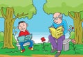 Grandpa  and his grandson reading their books in park. Royalty Free Stock Photo