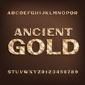 Ancient Gold alphabet font. Golden serif letters and numbers with shadow.