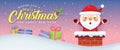 Christmas banner - cartoon santa & chimney on snowy background.