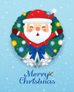 Cute cartoon santa with christmas wreath & silver bells on snowy background Royalty Free Stock Photo