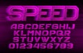 Speed alphabet font. Fast wind effect geometric letters and numbers on stripe background.